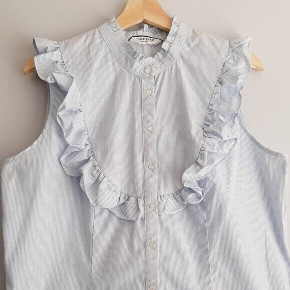 NAF NAF France Ruffle Bib Collar Sleeveless Button Down Stripped Blouse Sz L - Picture 2 of 11